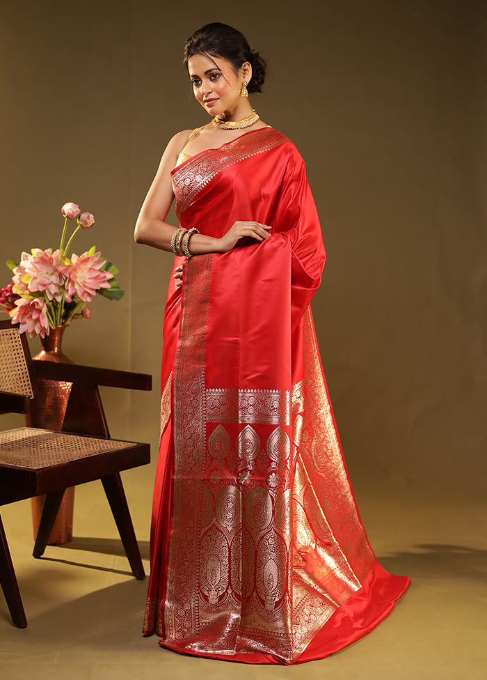 Red Banarasi Silk Saree With Blouse Piece