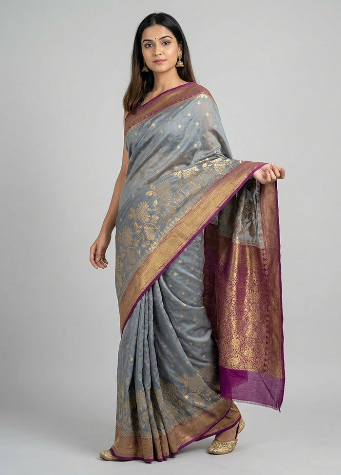 Grey Dupion Silk Saree With Blouse Piece