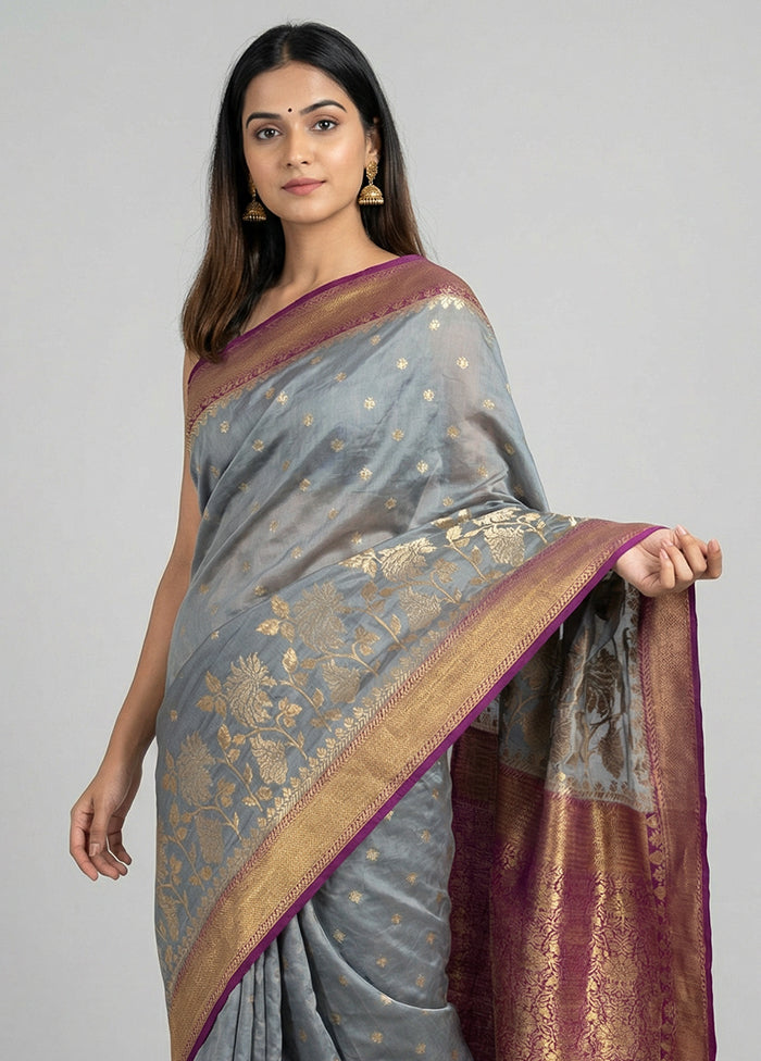 Grey Dupion Silk Saree With Blouse Piece