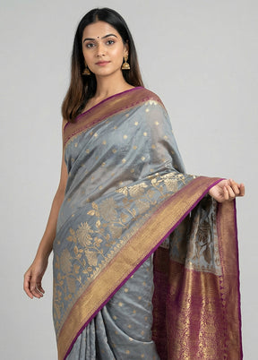 Grey Dupion Silk Saree With Blouse Piece