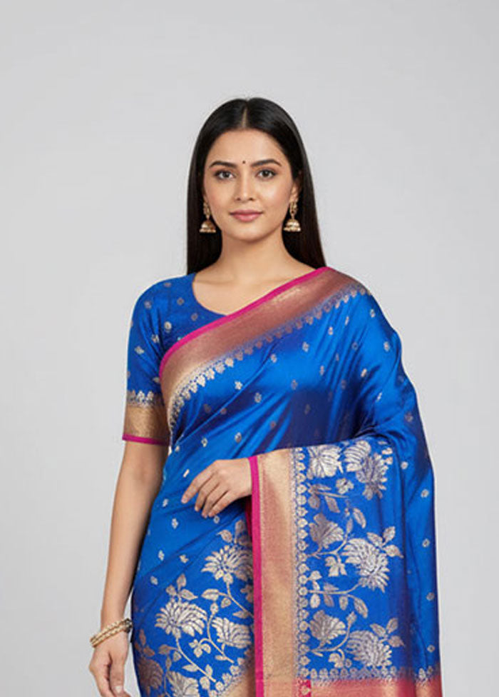 Blue Dupion Silk Saree With Blouse Piece