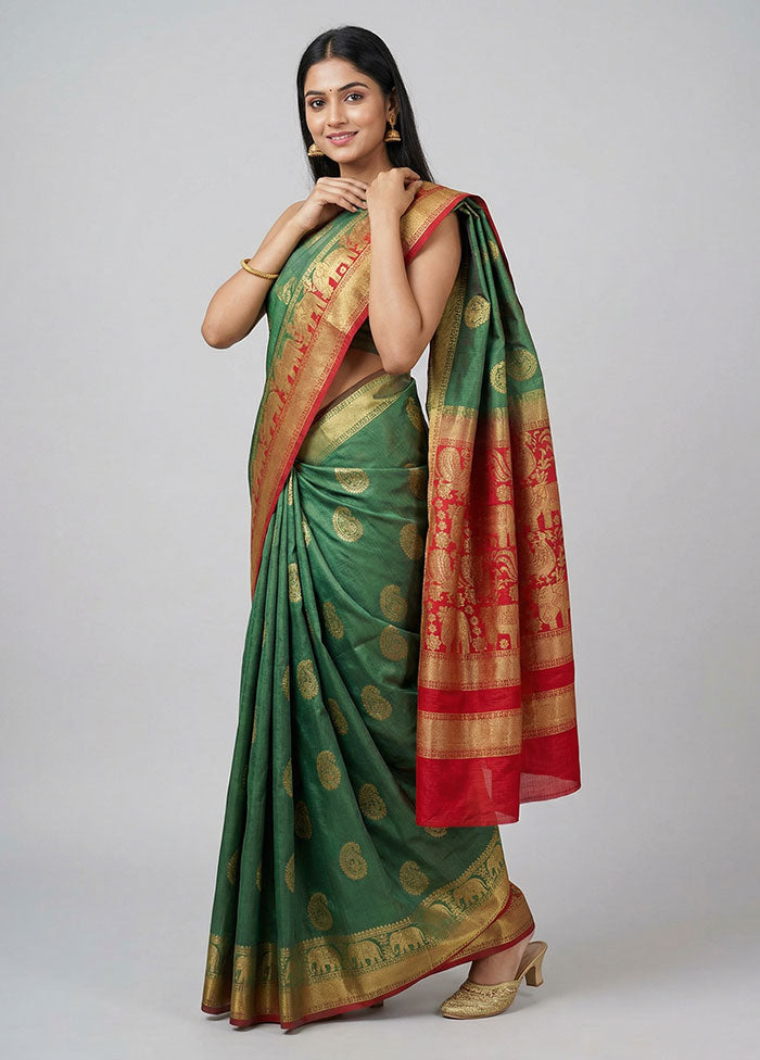 Green Dupion Silk Saree With Blouse Piece