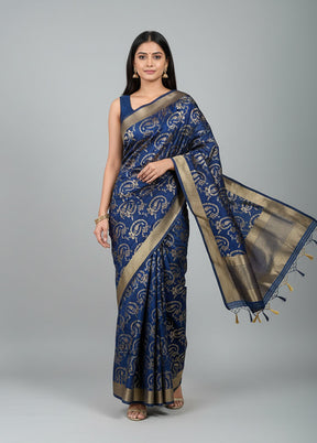 Blue Dupion Silk Saree With Blouse Piece