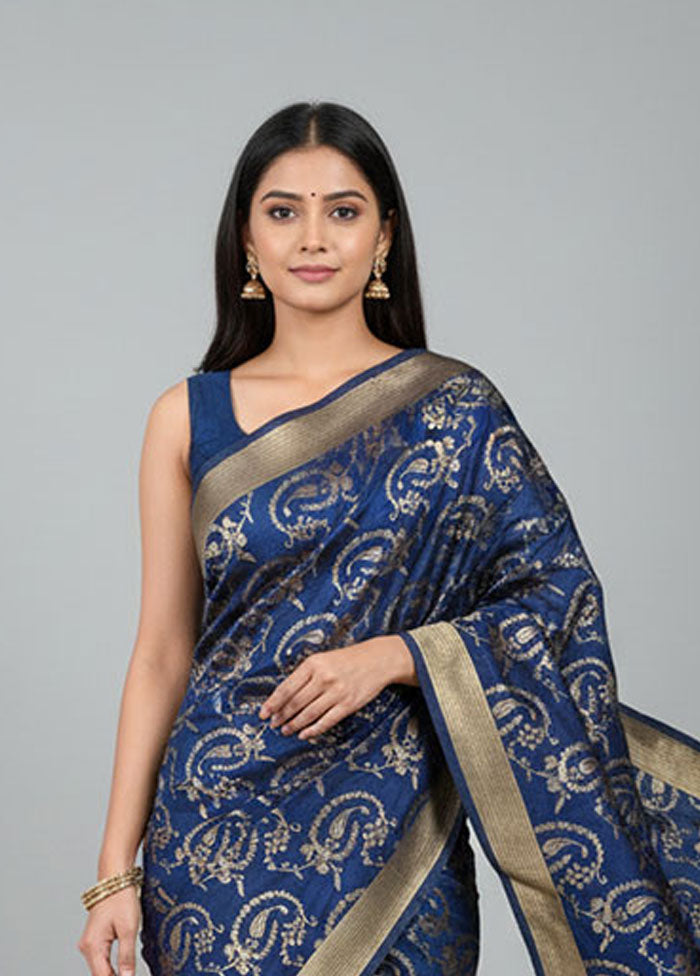 Blue Dupion Silk Saree With Blouse Piece