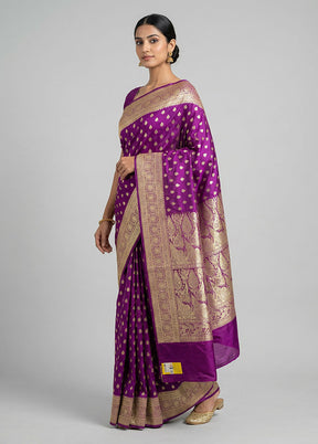 Purple Handloom Banarasi Pure Silk Saree With Blouse Piece