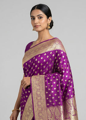 Purple Handloom Banarasi Pure Silk Saree With Blouse Piece