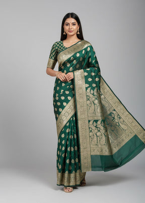 Green Handloom Banarasi Pure Silk Saree With Blouse Piece