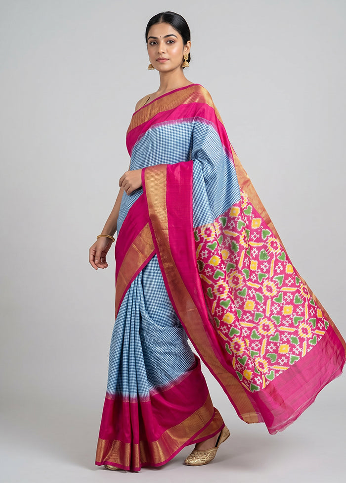 Blue Handloom Ikkat Pure Silk Saree With Blouse Piece