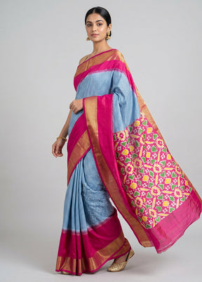 Blue Handloom Ikkat Pure Silk Saree With Blouse Piece