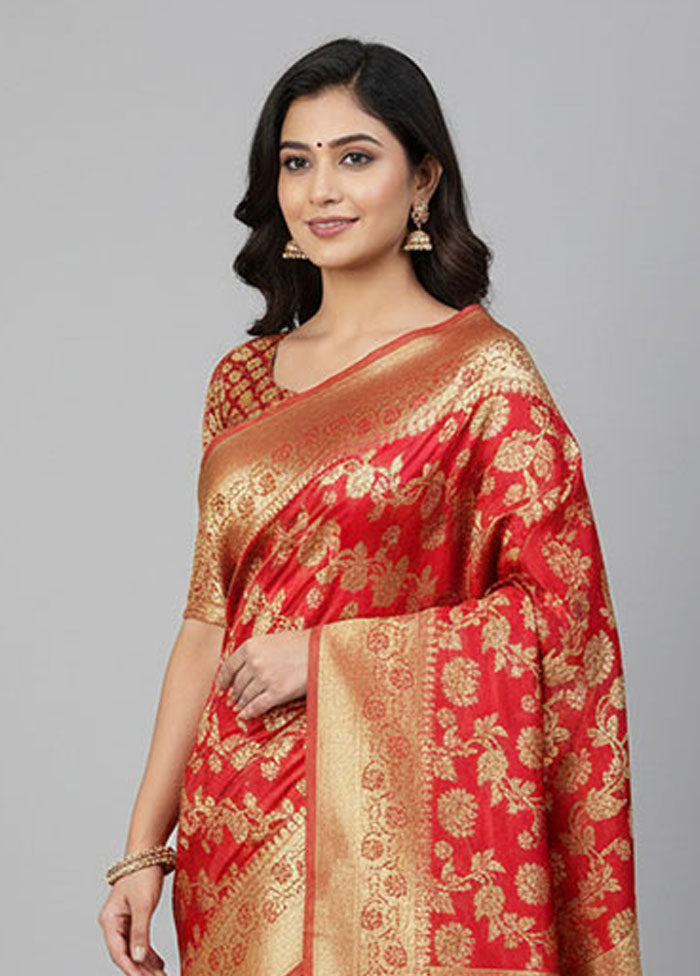 Red Banarasi Silk Saree With Blouse Piece