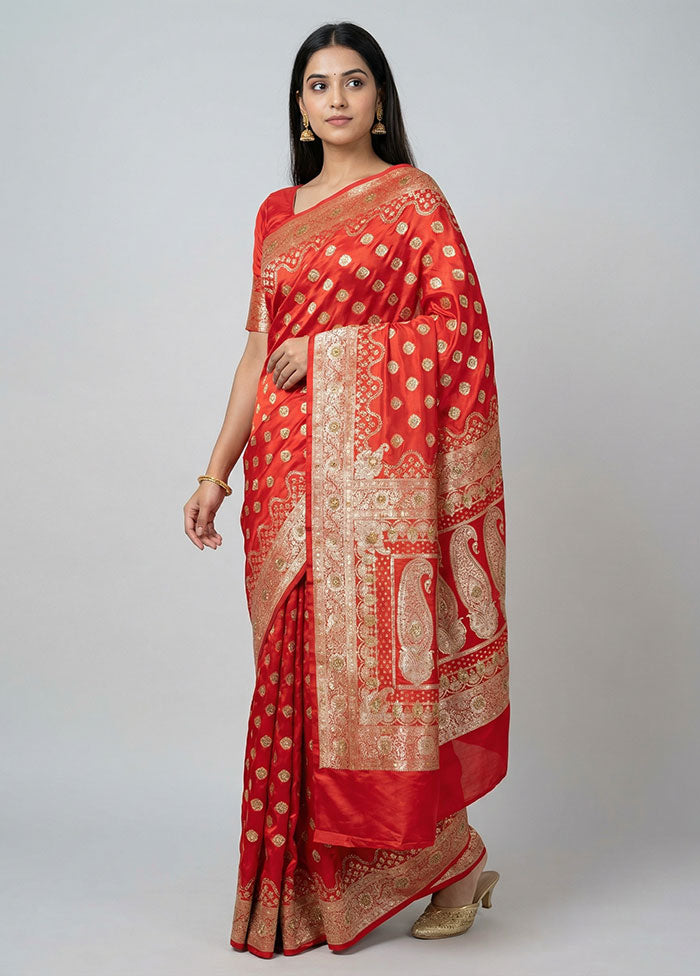 Red Banarasi Silk Saree With Blouse Piece