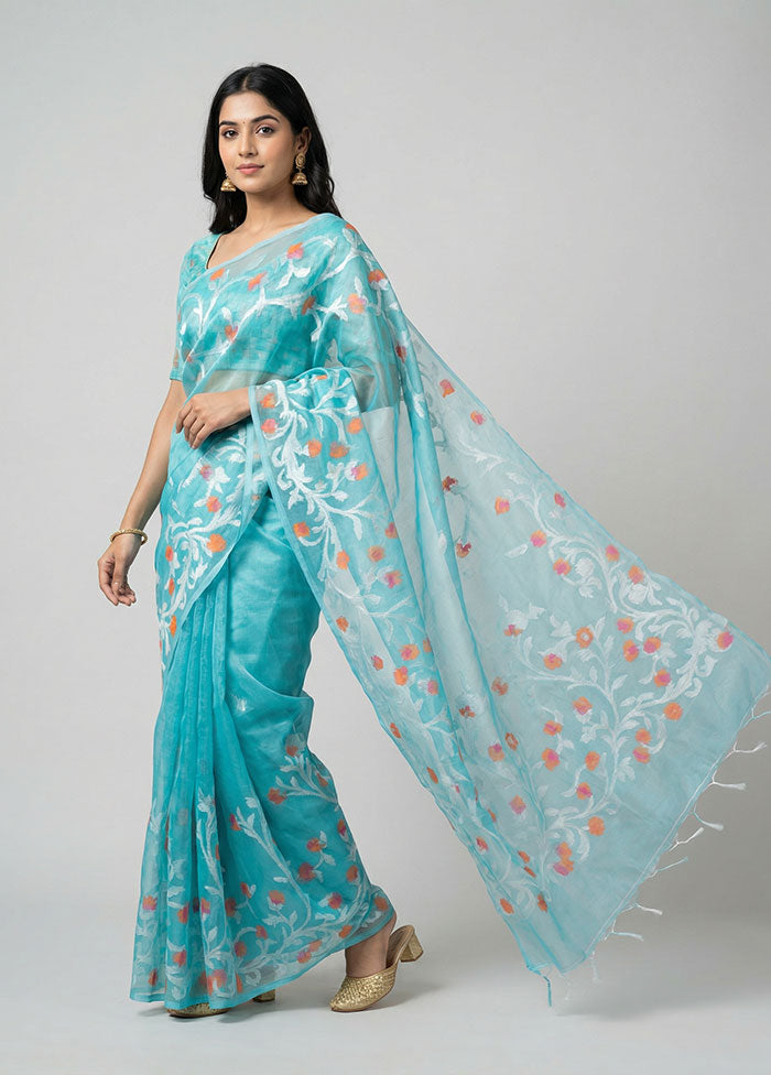 Blue Organza Saree With Blouse Piece