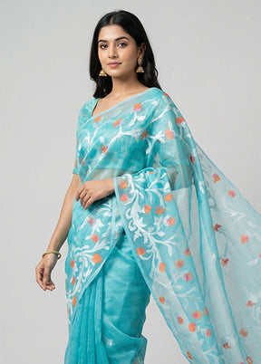 Blue Organza Saree With Blouse Piece