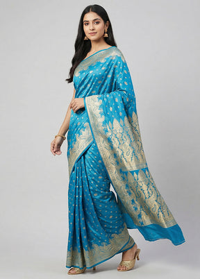 Blue Banarasi Silk Saree With Blouse Piece