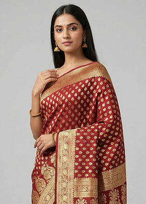 Maroon Handloom Banarasi Silk Saree With Blouse Piece