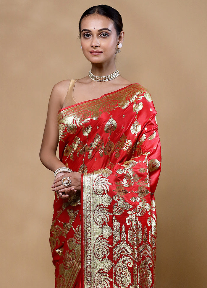 Red Handloom Banarasi Pure Silk Saree With Blouse Piece