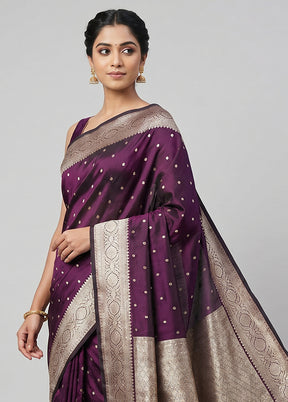 Purple Handloom Banarasi Pure Silk Saree With Blouse Piece