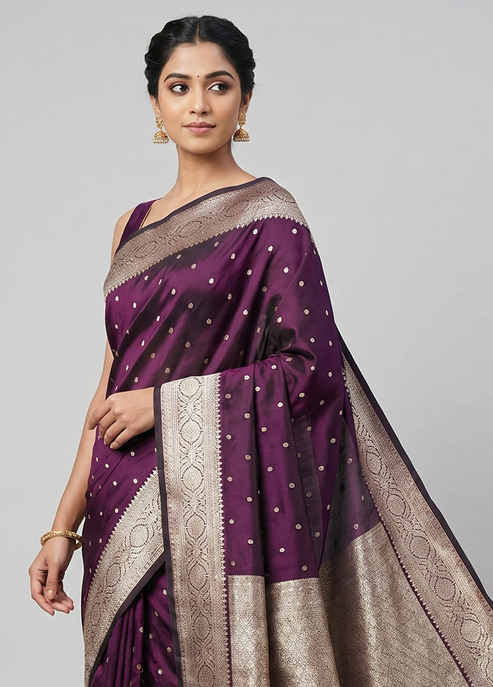 Purple Handloom Banarasi Pure Silk Saree With Blouse Piece