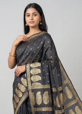 Black Handloom Banarasi Pure Silk Saree With Blouse Piece