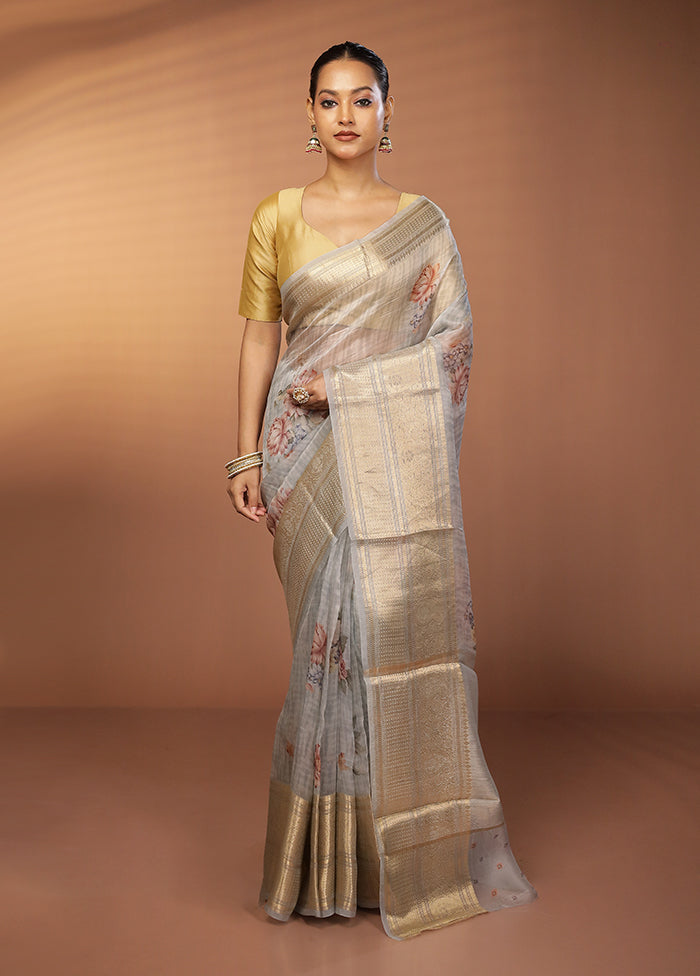 Grey Handloom Pure Organza Saree With Blouse Piece