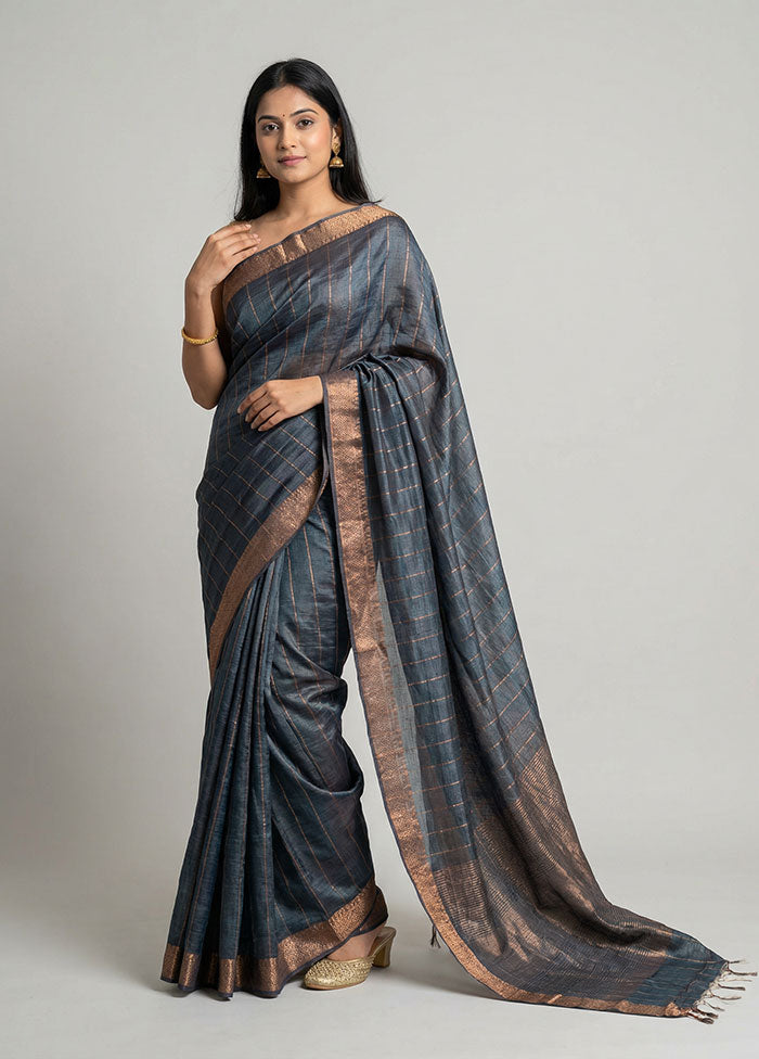 Green Handloom Tussar Pure Silk Saree With Blouse Piece