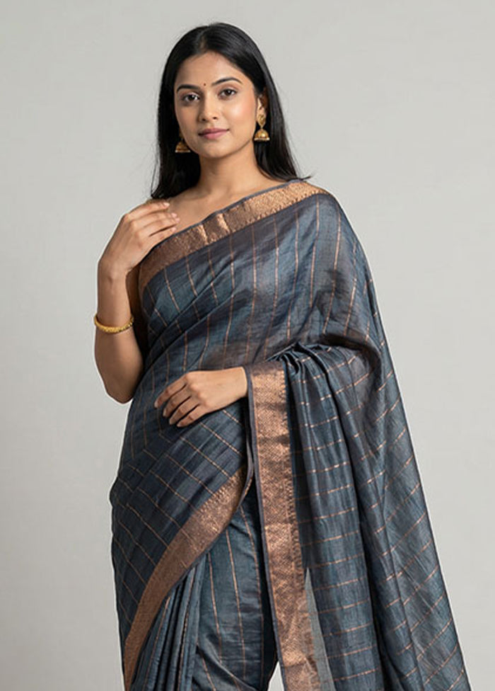 Green Handloom Tussar Pure Silk Saree With Blouse Piece