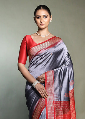 Grey Handloom Bomkai Pure Silk Saree With Blouse Piece