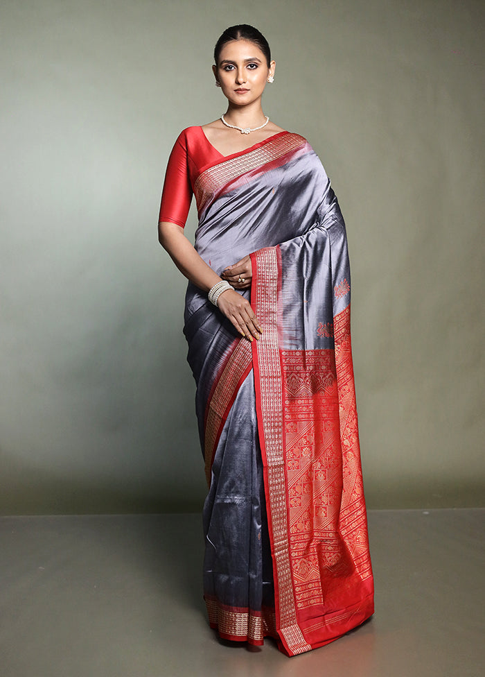 Grey Handloom Bomkai Pure Silk Saree With Blouse Piece