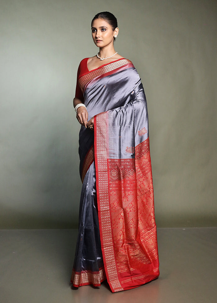 Grey Handloom Bomkai Pure Silk Saree With Blouse Piece