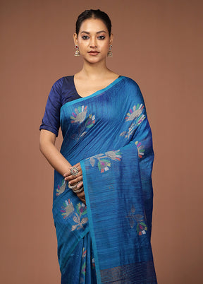 Blue Handloom Matka Pure Silk Saree With Blouse Piece