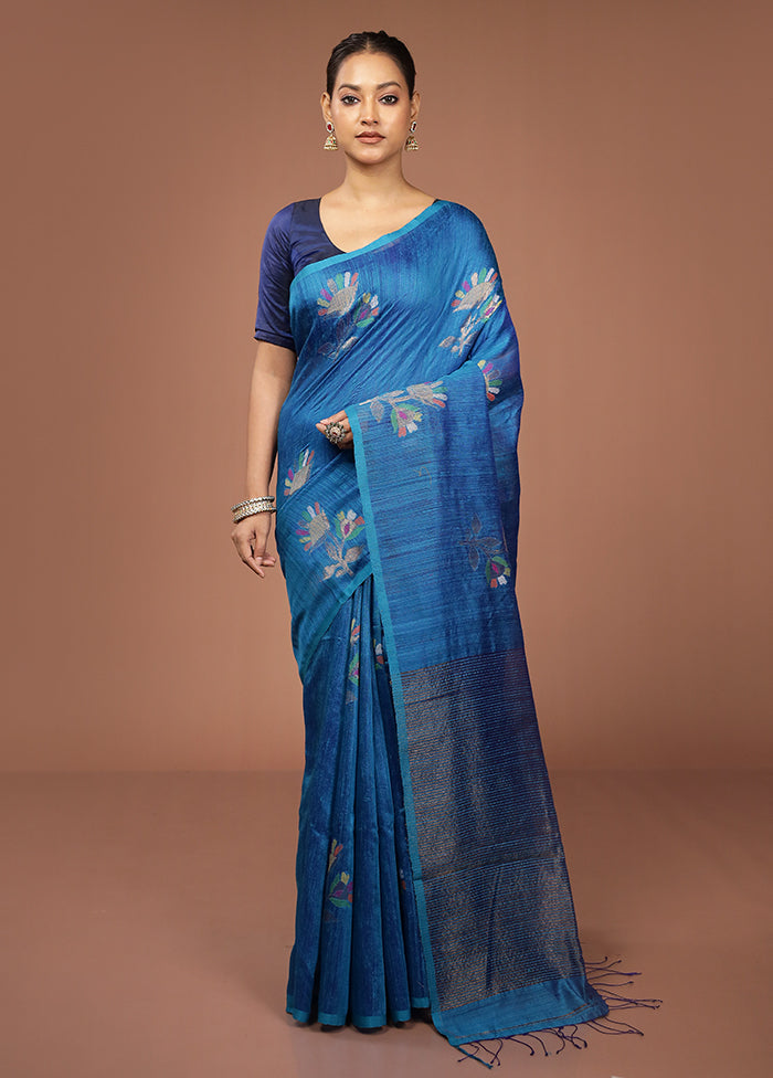 Blue Handloom Matka Pure Silk Saree With Blouse Piece