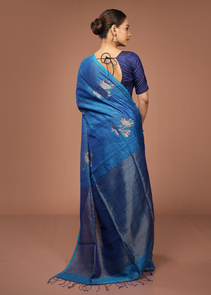 Blue Handloom Matka Pure Silk Saree With Blouse Piece