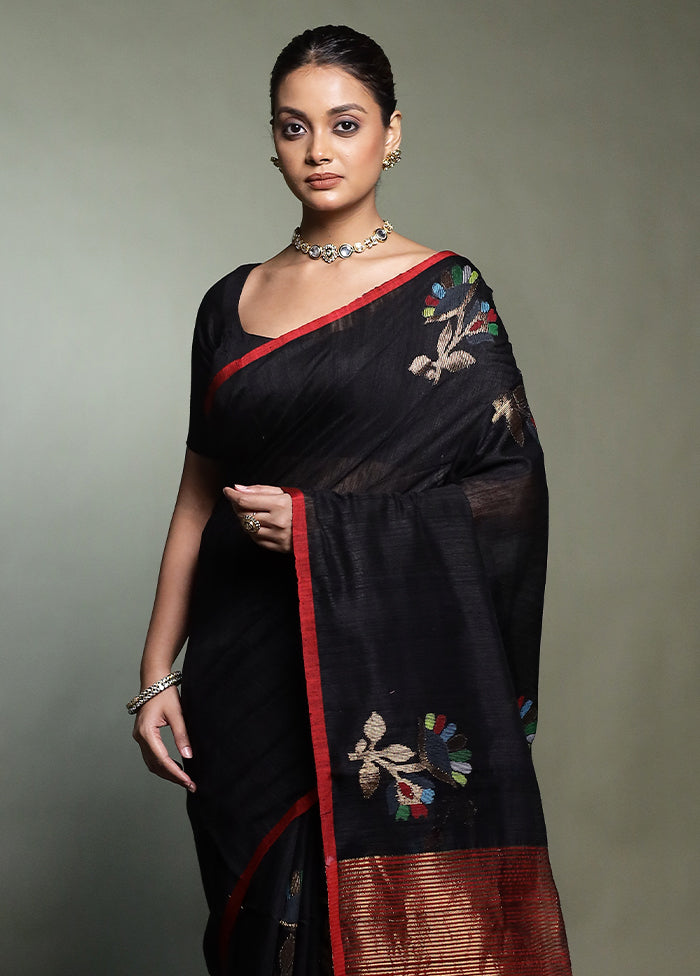 Black Handloom Matka Pure Silk Saree With Blouse Piece