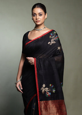 Black Handloom Matka Pure Silk Saree With Blouse Piece