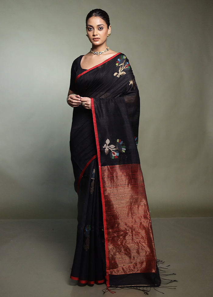 Black Handloom Matka Pure Silk Saree With Blouse Piece