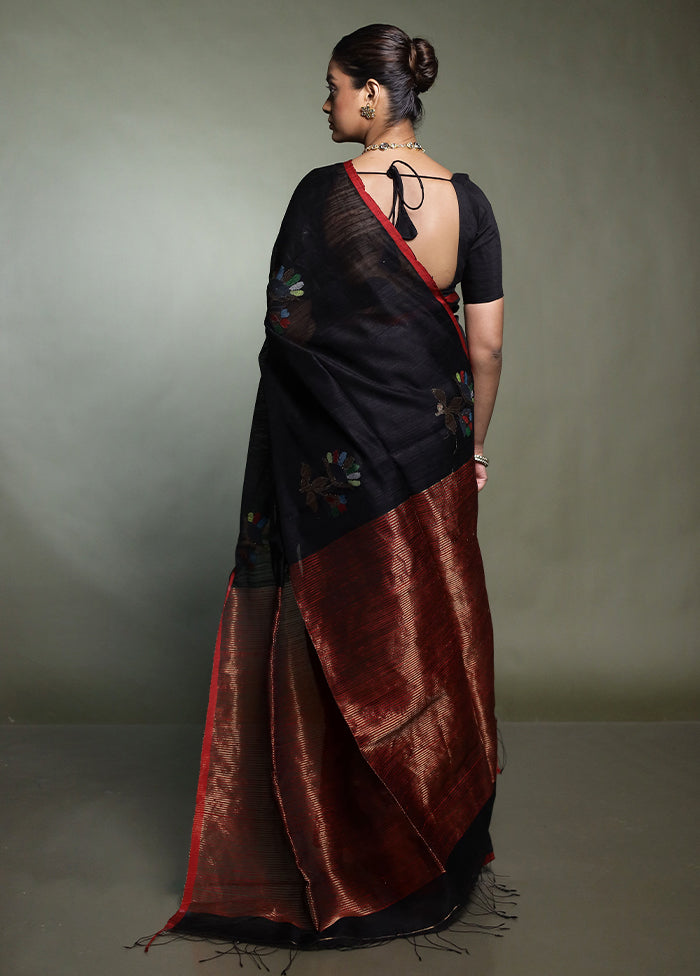 Black Handloom Matka Pure Silk Saree With Blouse Piece