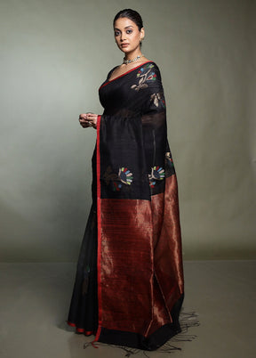 Black Handloom Matka Pure Silk Saree With Blouse Piece
