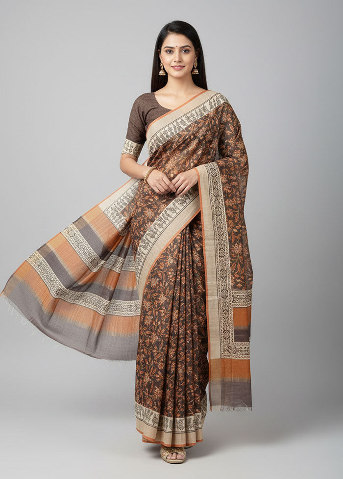 Grey Handloom Tussar Pure Silk Saree With Blouse Piece