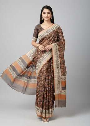 Grey Handloom Tussar Pure Silk Saree With Blouse Piece