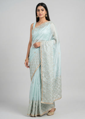 Green Handloom Pure Organza Saree With Blouse Piece