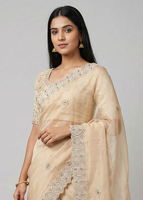 Cream Handloom Pure Organza Saree With Blouse Piece