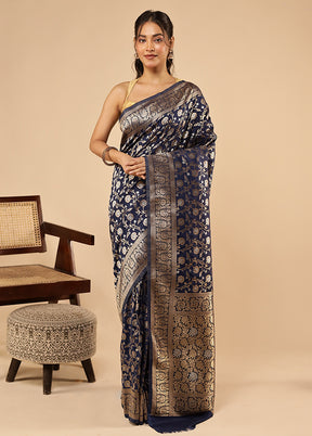 Blue Dupion Silk Saree With Blouse Piece