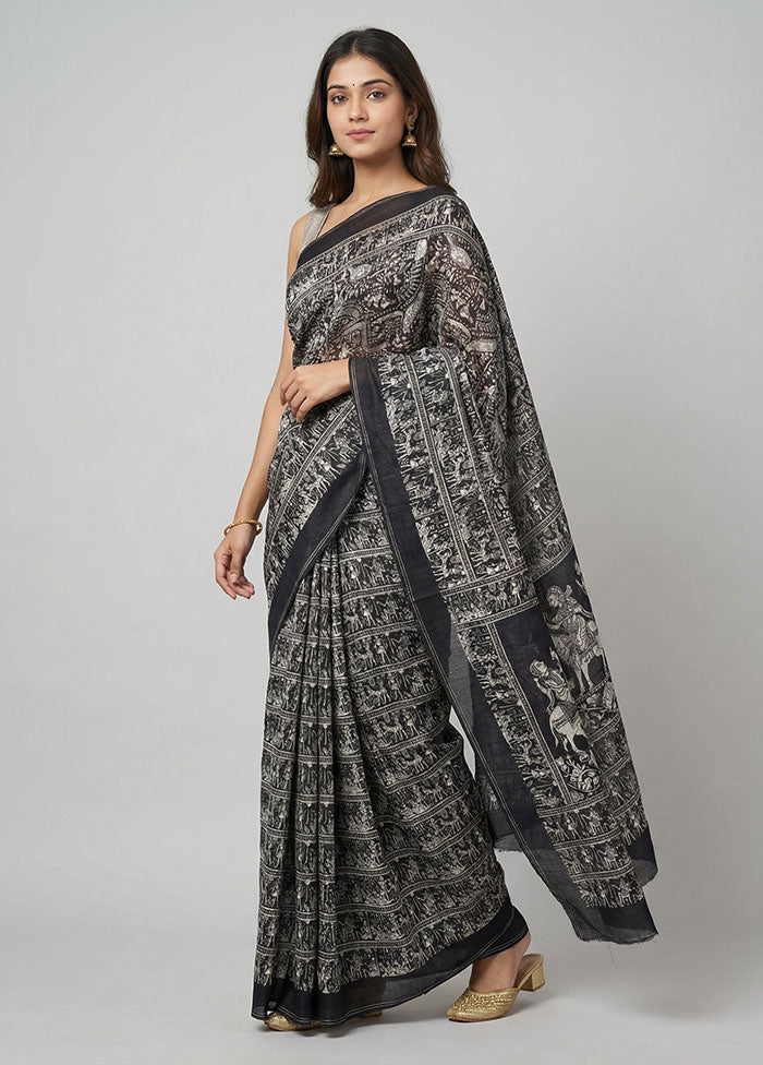 Black Printed Pure Silk Saree Without Blouse Piece