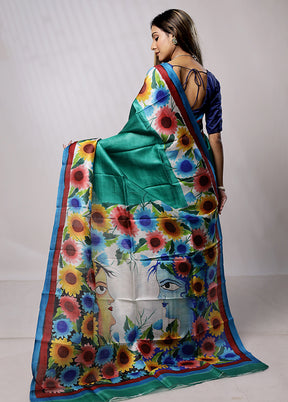 Green Printed Pure Silk Saree Without Blouse Piece - Indian Silk House Agencies