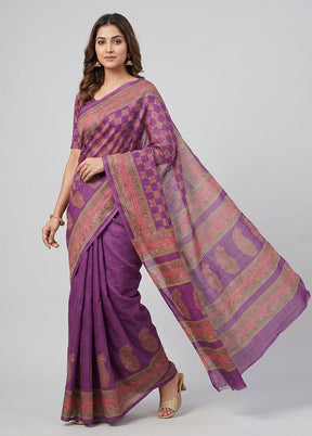 Purple Printed Pure Silk Saree Without Blouse Piece