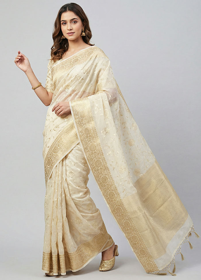 Cream Organza Saree With Blouse Piece