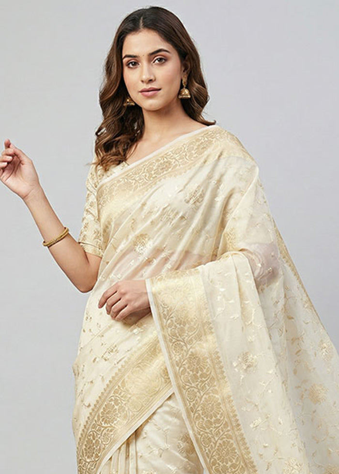 Cream Organza Saree With Blouse Piece