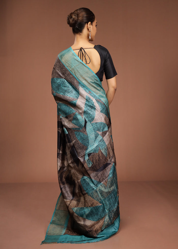 Blue Handloom Tussar Pure Silk Saree With Blouse Piece