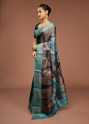 Blue Handloom Tussar Pure Silk Saree With Blouse Piece
