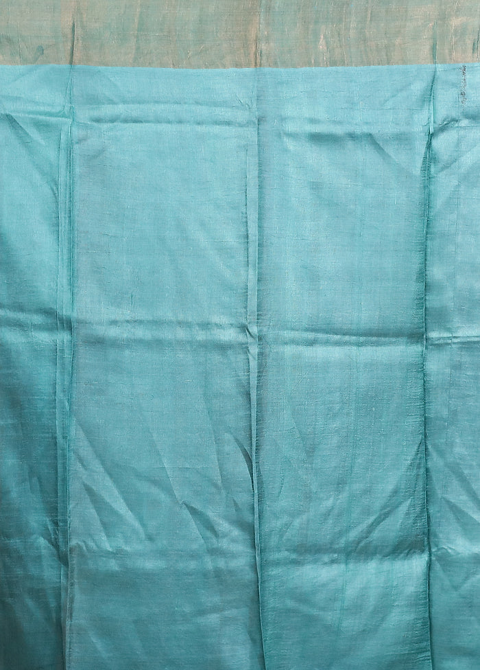 Blue Handloom Tussar Pure Silk Saree With Blouse Piece